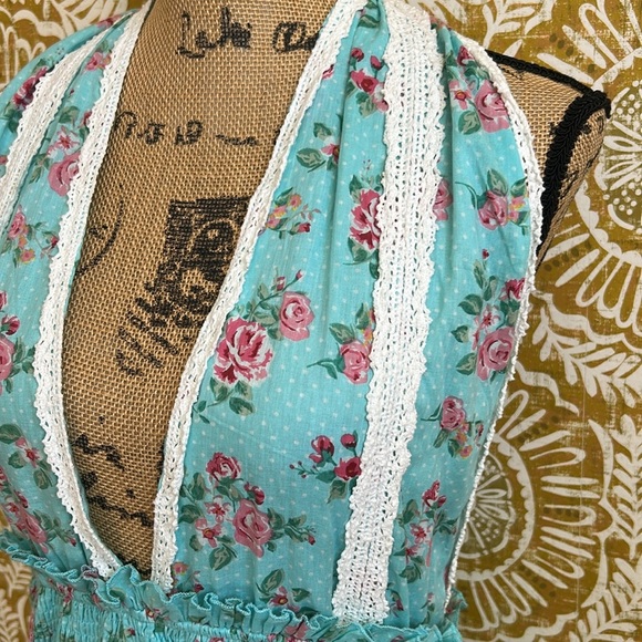 NWT Gipsy Queen Baroc Paris Floral Ruffle Tiered Halter Mini Dress Turquoise M - Picture 7 of 14